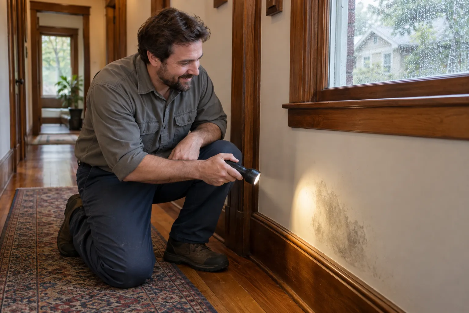 A damp-stained corner of a wood-frame home being checked in Lake Stevens
